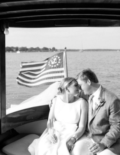 Bride and Groom boat ride to ceremony on the Eastern Shore of Maryland