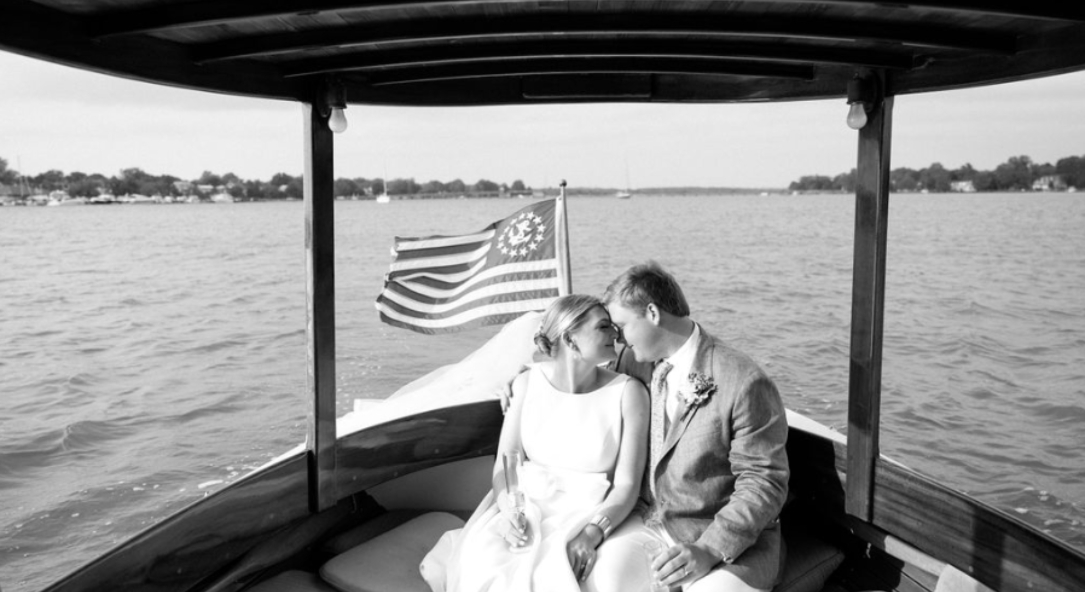 Bride and Groom boat ride to ceremony on the Eastern Shore of Maryland